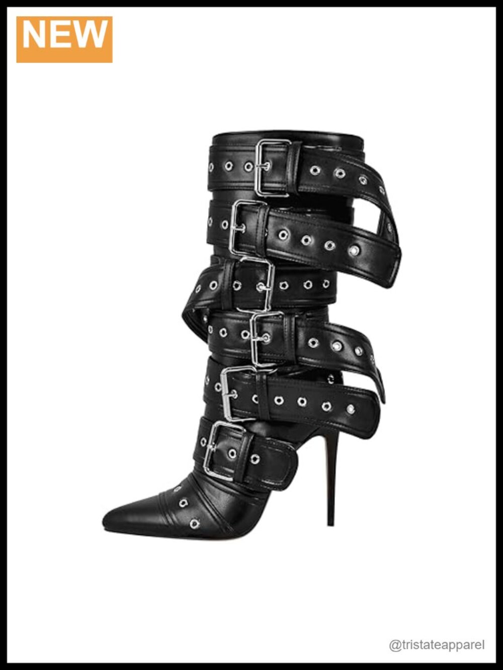 Women's Mid Calf Stiletto Heel Boots Pointed Toe Ankle Bootie Gold Chain